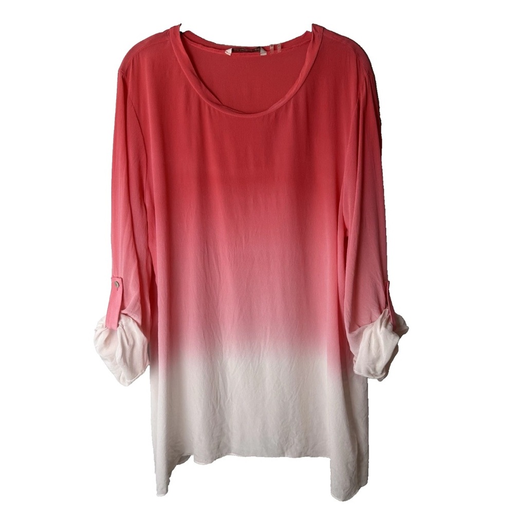 Soft Surroundings Tunic Top Size Medium Blouse Silk Ombre 3/4 Roll-Tab Sleeves